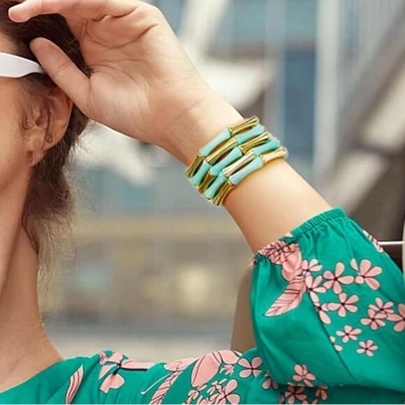 Gold and Teal Bamboo-Inspired Stackable Bracelets - Picture 4 of 6